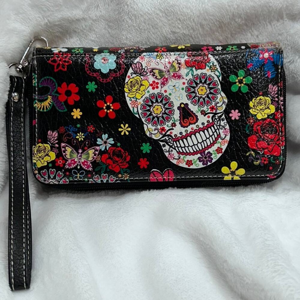Sugar Skull Floral Zip-Around Wristlet Clutch – Boho Goth Style - Picture 2 of 12